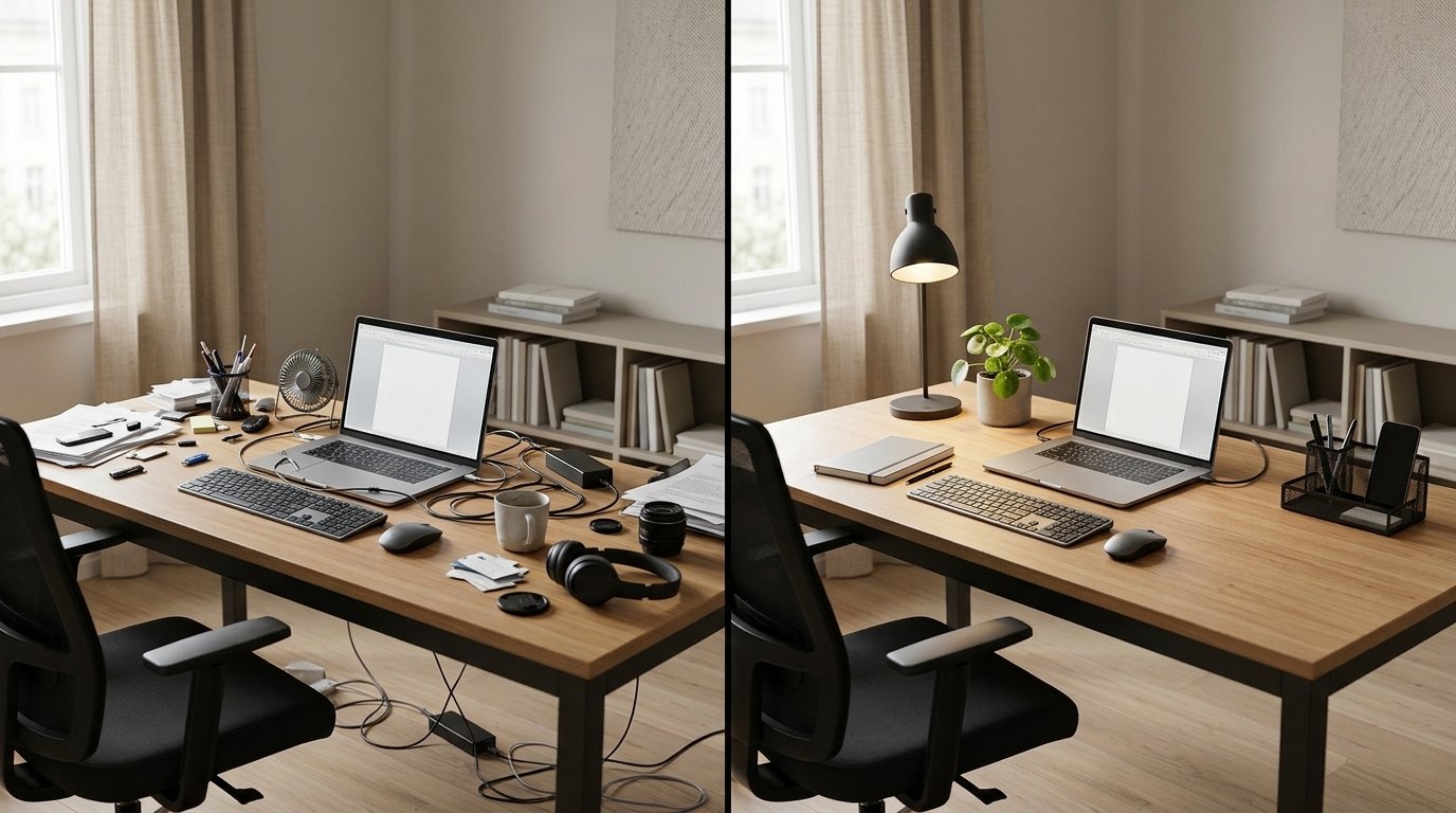 Before and after comparison of a cluttered and minimalist desk setup