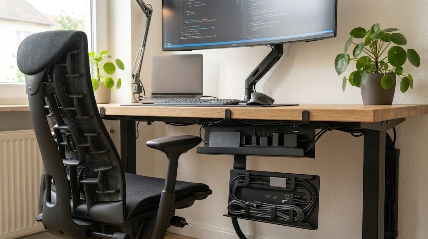 Clean desk cable management with cables organized underneath the desk