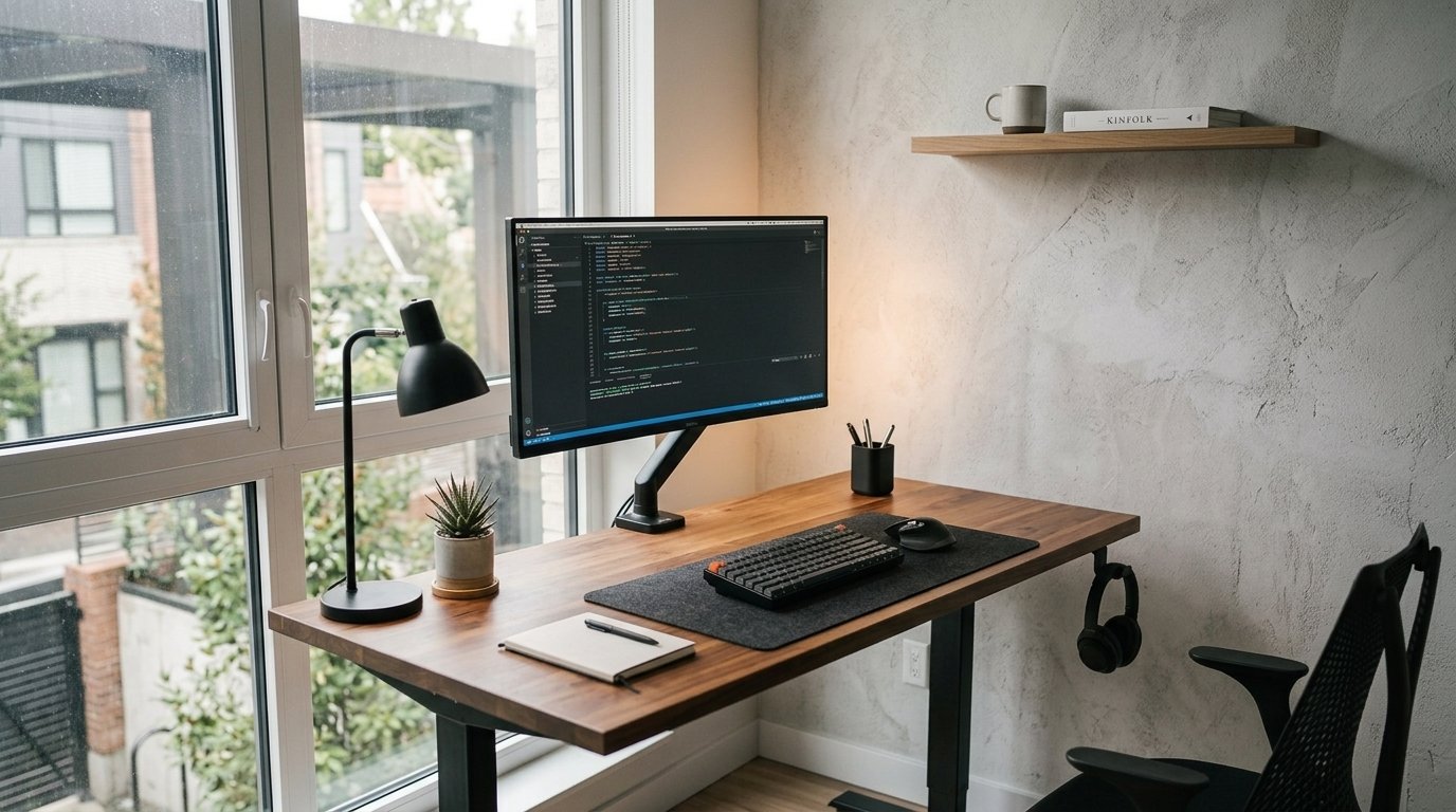 Finished minimalist workspace with organized equipment and open desk space