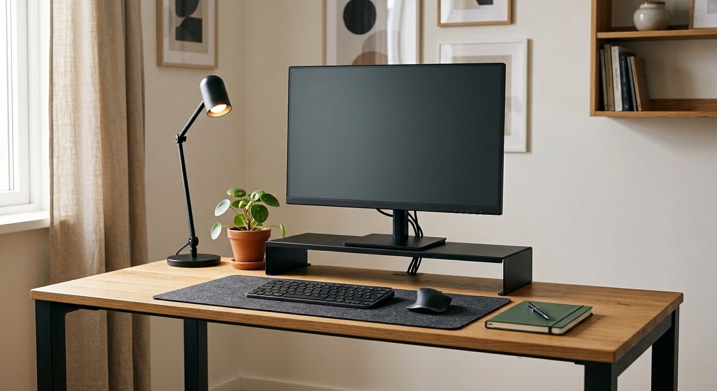 Minimalist desk setup with essential equipment and a clear workspace