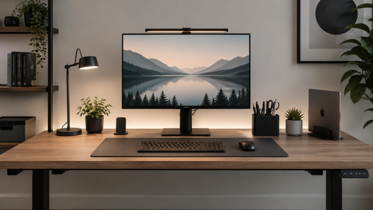 Minimalist desk setup ideas with monitor, organized accessories and clear workspace