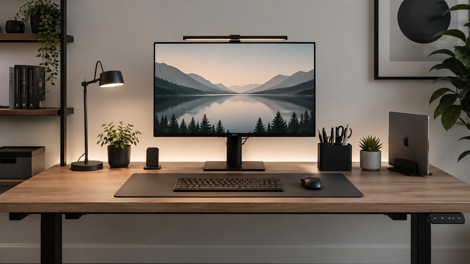 Minimalist desk setup ideas with monitor, organized accessories and clear workspace