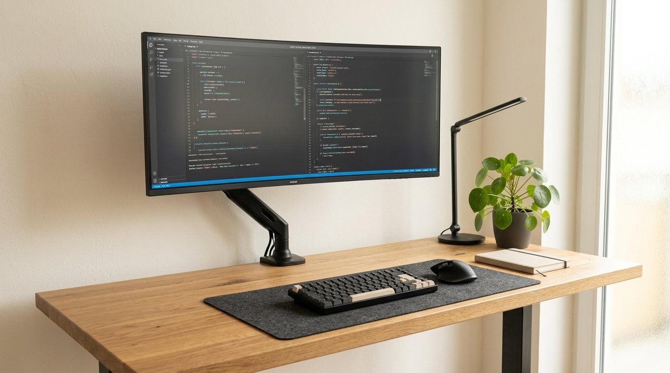 Raised monitor on an arm creating more space on a minimalist desk